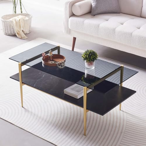 LumFurn Rectangle Coffee Table for Living Room, Mid-Century Modern Design, L41 x W21 x H17, 2-Tier Structure, Clear Glass Top and Black Marble Wood Shelf, Conical Metal Legs with Gold Finish - color: Grey & Black Marble, size: L41" Rectangle Coffee Table