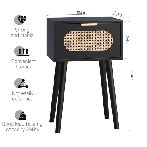 Nightstands Set of 2, Bedside Table with Rattan Door, Boho End Table with Solid Wood Legs for Bedroom, Living Room, Small Space Nightstands, Black Color, HNS001B - color: Black