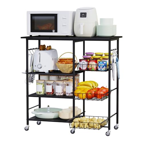 HapiRm Rolling Kitchen Microwave Cart - 4 Tier Microwave Table Stand with Pull-Out Baskets, Coffee Bar Baker's Rack with Wheels Rolling Storage Cart Organizer Shelf for Living Room Office, Balcony - color: Black-xl