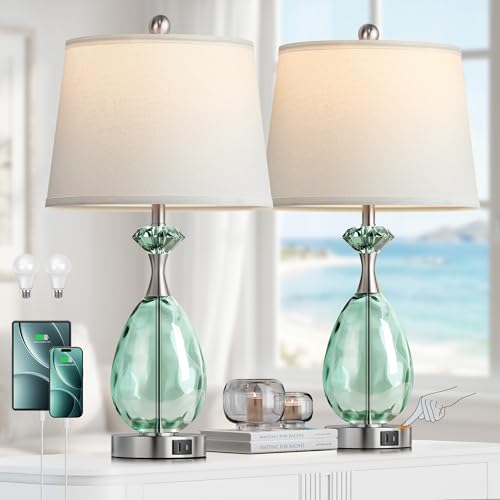 Hamucd Coastal Glass Table Lamps Set of 2, 3-Way Dimmable Touch Control Nautical Lamp with USB A+C Ports,Bedside Lamps Beach Decor, Modern Nightstand Lamps with 2 LED Bulbs for Bedroom Living Room - color: Pale green