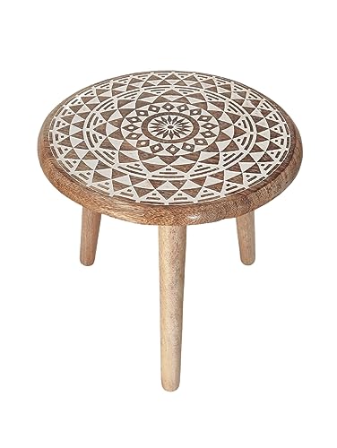 VANIYA CRAFTS® Wooden Engraved Fold-able Round End Table/Side Table/Plant Stand/Stool for Living Room Bedroom Restaurant Kids Play Furniture Table Round Shape (Natural White 5) - color: Natural White 5