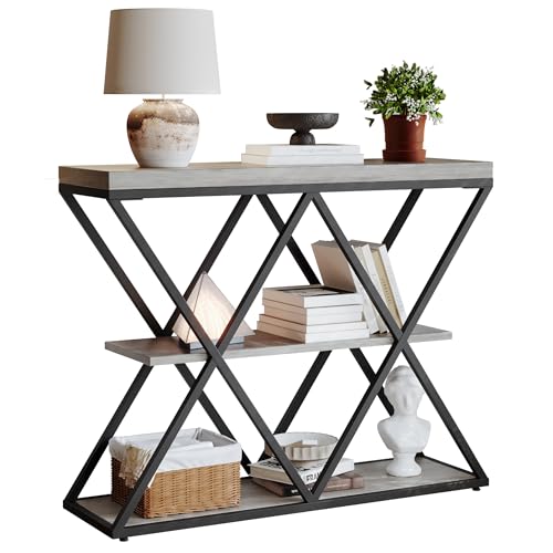 Garvee 3 Tier Console Table,39" Industrial Entryway Table,Open Wood Shelves | Sofa Table,Narrow Wood Accent Tables with Metal Frame for Hallway,Living Room,Behind Couch,Foyer,Entrance,Gray - color: Gray + X-shaped
