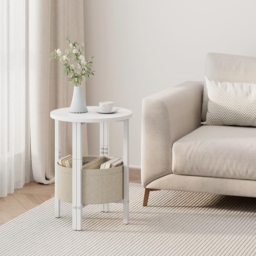 Vagusicc Side Table, Small Round End Table, Tall Accent Table with Storage Basket, Set of 2 Half Round Coffee Tables Half Moon Tables, Bedside Table, Modern Nightstand for Living Room Bedroom, White - color: White