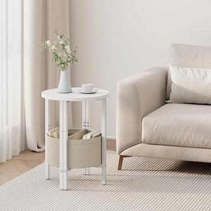 Vagusicc Side Table, Small Round End Table, Tall Accent Table with Storage Basket, Set of 2 Half Round Coffee Tables Half Moon Tables, Bedside Table, Modern Nightstand for Living Room Bedroom, White - color: White
