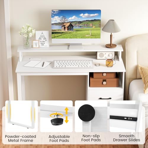 Giantex 48 Inch Computer Desk with Power Outlets & File Drawer, Home Office Desk with Monitor Stand, Gaming Desk with Storage Shelf, Modern Study Work Writing Table for Bedroom, Small Spaces, White