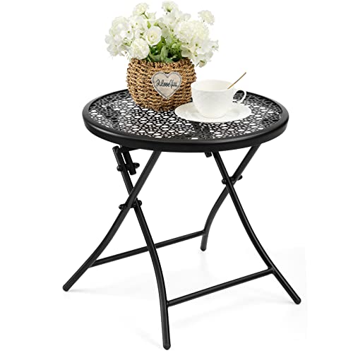 TeoKJ Folding Small Outdoor Side Tables, Anti Rust Small Patio Table Round Metal Nightstand with Flower Cutouts for Porch Yard Balcony Deck Lawn, Black - color: Black
