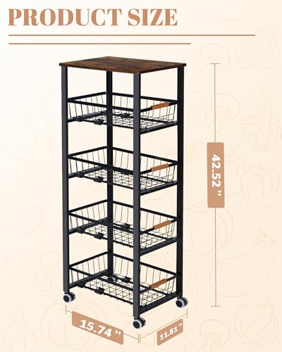 Mythinglogic 5-Tier Rolling Fruit Vegetable Storage Cart with Pull-Out Baskets, Metal Kitchen Organizer, Heavy Duty Utility Rack with Wheels for Pantry, Living Room, Kitchen - size: 15.74"D x 11.81"W x 42.51"H