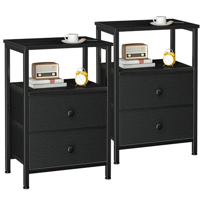 Night Stand, Black Nightstands Set of 2 for Bedroom | Small Bedside Table with 2 Fabric Drawers, End Tables Living Room, Bed Side Table with Open Storage Shelf - color: Black