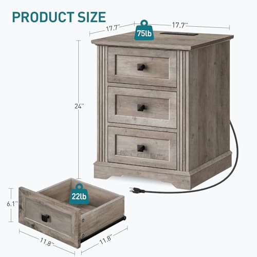 Night Stand with 3 Drawers, 18 Inch Wide End Table with Charging Station, Farmhouse Nightstand, Bedside End Tables Living Room, End Tables with Storage for Bedroom, Greige - color: Greige