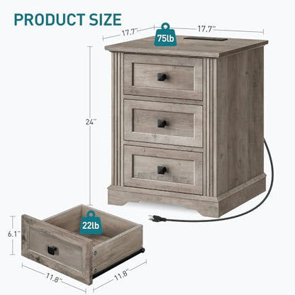 Night Stand with 3 Drawers, 18 Inch Wide End Table with Charging Station, Farmhouse Nightstand, Bedside End Tables Living Room, End Tables with Storage for Bedroom, Greige - color: Greige
