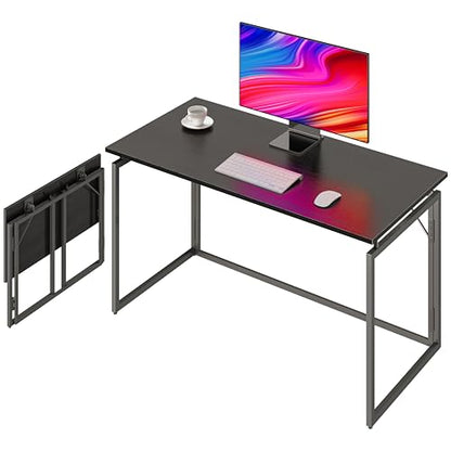 31.5" Folding Desk: No Assembly, Wood Top for Small Spaces | Home office desk, holds 150 lbs, folds flat to 2.3 in, splash-proof wood top, sturdy metal frame - color: Black, size: 31.5"W x 15.7"D