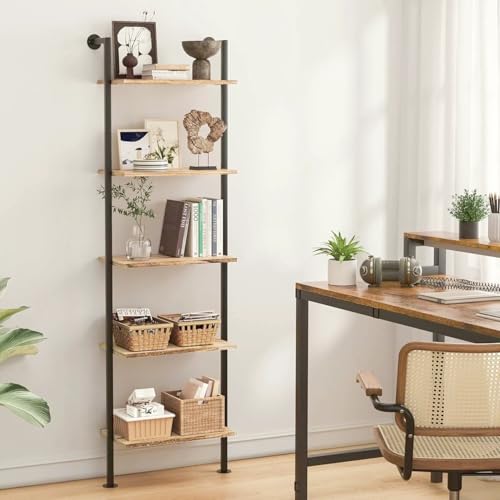 Acovy 5-Tier Bookshelf Solid Wood Ladder Shelf, Narrow Book Shelf Display Shelf, Wooden Bookcase, Wall Mount Ladder Shelf, Storage Rack for Living Room, Bedroom, Industrial Style, Rustic Brown - color: Rustic Brown