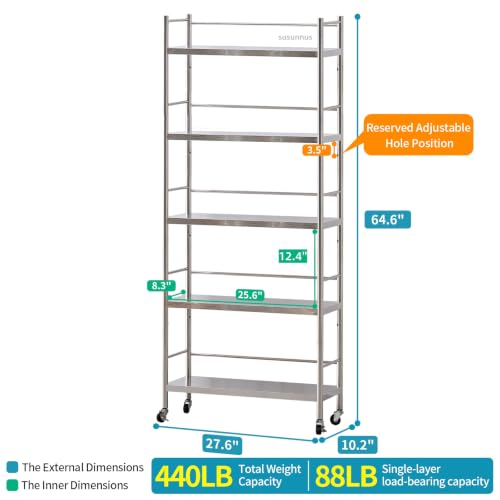 susunnus Stainless Steel Shelf,Shelves for Storage,Metal Kitchen,Garage Shelf,with Wheels,Rolling Shelves,Adjustable Height,Weight Capacity 440LB(27.6in*10.2in-5Twith guardrails) - size: 27.6in*10.2in-5T