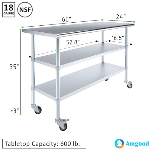 AmGood Stainless Steel Work Table with 2 Shelves and Casters | Metal Utility Table On Wheels (Stainless Steel Work Table with 2 Shelves + Casters, 60" Long x 24" Deep) - size: 60" Long x 24" Deep