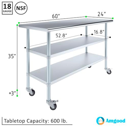 AmGood Stainless Steel Work Table with 2 Shelves and Casters | Metal Utility Table On Wheels (Stainless Steel Work Table with 2 Shelves + Casters, 60" Long x 24" Deep) - size: 60" Long x 24" Deep