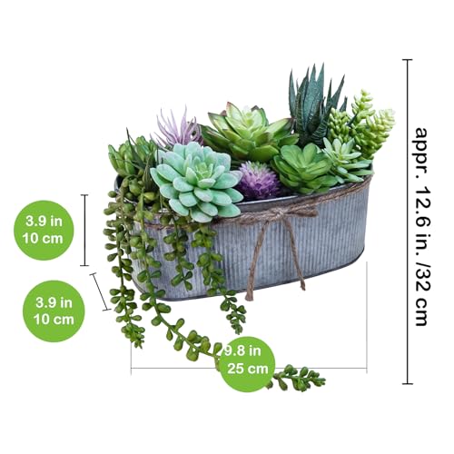 Winlyn 10" Artificial Succulent Arrangement Centerpiece Fake Succulent Plants in Rustic Metal Oval Planter Faux Potted Succulents for Home Office Bedroom Table Windowsill Shelf Mantel Decor