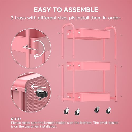 MAX Houser 3-Tier Rolling Utility Cart with Caster Wheels,Easy Assembly, for Kitchen, Bathroom (Pink) - color: Pink, size: 3-Tier Standard Cart