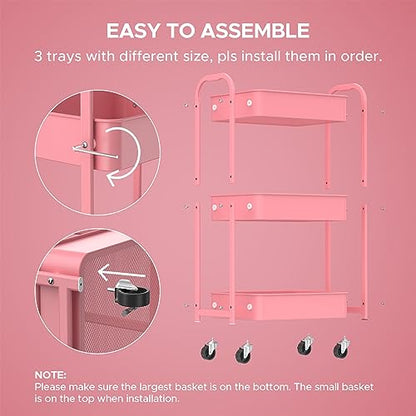 MAX Houser 3-Tier Rolling Utility Cart with Caster Wheels,Easy Assembly, for Kitchen, Bathroom (Pink) - color: Pink, size: 3-Tier Standard Cart