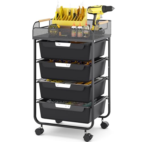 SYKIARIOL 4-Drawer Rolling Storage Cart with Mesh Top, Utility Craft Organizer Cart on Wheels with DIY Labels, Rolling Drawer Cart for Home Office Classroom Bedroom, Black - color: Black
