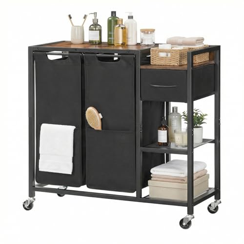 HOOBRO 2 Section Laundry Sorter with Shelf, 24 Gal. (90.8 L) Laundry Hamper with Wheels, Rolling Laundry Basket with Fabric Drawer, 3-Tier Shelves, Side Pockets, Black and Rustic Brown BF27XY01