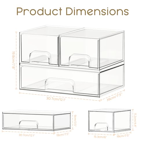 Criusia Stackable Storage Drawers, 3 Pack Clear Acrylic Makeup & Bathroom Organizer, Versatile Storage Bins for Vanity, Under Sink, Kitchen Cabinets & Pantry - size: 3 PACK
