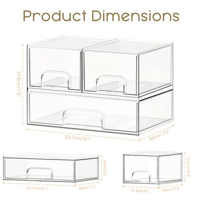 Criusia Stackable Storage Drawers, 3 Pack Clear Acrylic Makeup & Bathroom Organizer, Versatile Storage Bins for Vanity, Under Sink, Kitchen Cabinets & Pantry - size: 3 PACK