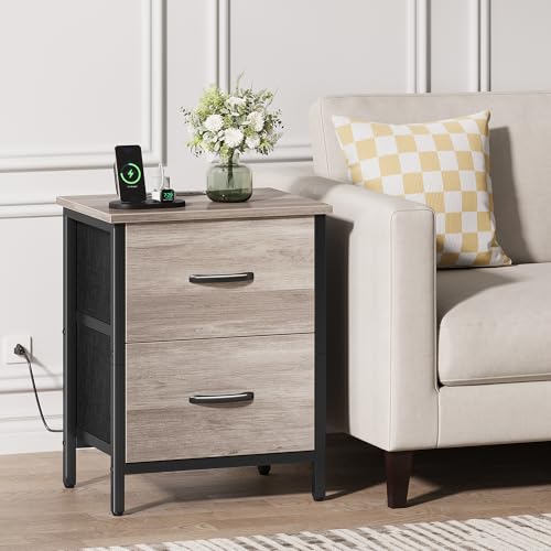 Vagusicc Nightstand Set of 2 with Charging Station, End Table Bedside Table with Power Outlet & USB Ports, Side Table with 2 Fabric Drawers for Bedroom, Living Room, Greige - color: Greige (2 Pack)