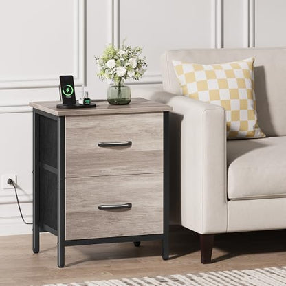 Vagusicc Nightstand Set of 2 with Charging Station, End Table Bedside Table with Power Outlet & USB Ports, Side Table with 2 Fabric Drawers for Bedroom, Living Room, Greige - color: Greige (2 Pack)