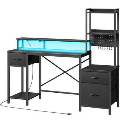 RALGEND 55" Gaming Desk with Power Outlet & LED Light, Computer Desk with Fabric Drawers, Storage Shelves & Monitor Stand, Industrial Gaming Table with Side Hook, Black