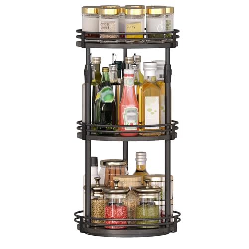 Across-star Lazy-Susan-Organizer-Spice-Rack, 3-Tier Rotating Spice Organizer for Cabinet Pantry, Seasoning Holder Shelf with Adjustable Height, Kitchen Counter Shelf Countertop Organzier - color: Black, size: 10.4"D x 10.4"W x 20.67"H