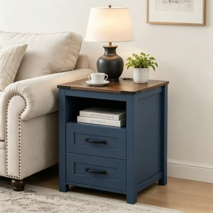 Farmhouse Night Stand Set of 2, Rustic Blue Nightstand for Bedroom, End Tables with Charging Station, Bedside Table with Drawers, Wood Bedside Cabinet Dresser - color: Blue, size: 2pcs with Charging