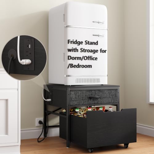 MAJALiS Mini Fridge Riser Stand Table Cabinet Shelf with Storage Space | Beverage Station To Go Over Small Refrigerator With Power Outlet, Metal Minifridge Organizer For Dorm, Office, College - color: Black-with Power Outlet