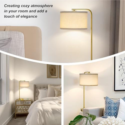 Fully Dimmable Bedside Lamp with C+A USB Ports, Mordern Gold Nightstand Lamp Desk Reading Lamp with Beige Drum Shade, Tall Side Table Lamp for Living Room Bedroom Office, 9W LED Bulb Included - color: Gold