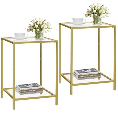 HOMSHO Side Tables Set of 2, End Table with Tempered Glass, 2-Tier Nightstands with Storage Shelves, Coffee Table with Modern Style, Square Sofa Table for Living Room, Bedroom, 15.7"D x 15.7"W, Gold - color: Gold, size: 15.7"D x 15.7"W x 23.6"H