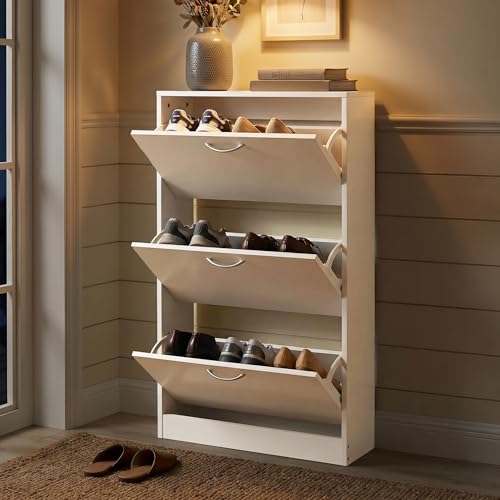 HOPUBUY Shoe Cabinet for Entryway, Narrow Shoe Storage with 3 Flip Drawers | Wood Slim Shoe Rack, 3 Tier Thin Shoe Organizer for Home and Apartment,White - color: Classic White