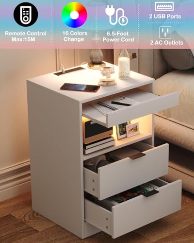 Yusong Night Stand, Bedside Table, LED Nightstand with Charging Station, Modern Night Stand, Wood Sofa Couch End Side Table with 2 Pull-Out Shelf (White 001) - color: White 001