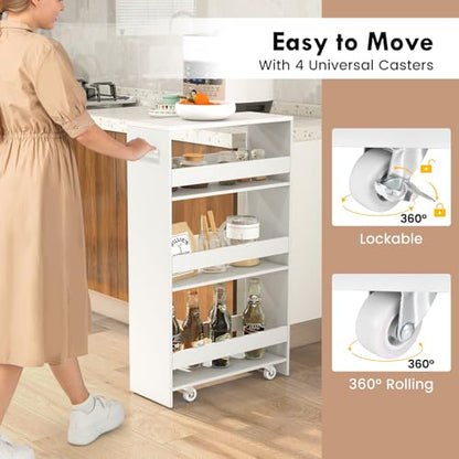 LOKO 4-Tier Rolling Storage Cart, 8 Inches Slim Kitchen Cart on Wheels with Open Shelves & Handle, Laundry Room Cart Between Washer and Dryer, for Narrow Space Bathroom Next to Fridge (White) - color: White