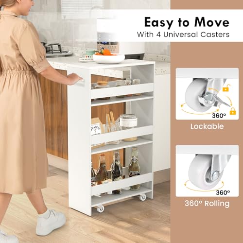 LOKO 4-Tier Rolling Storage Cart, 8 Inches Slim Kitchen Cart on Wheels with Open Shelves & Handle, Laundry Room Cart Between Washer and Dryer, for Narrow Space Bathroom Next to Fridge (White) - color: White