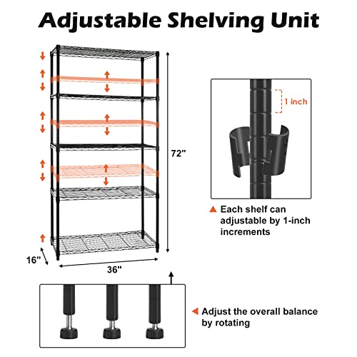 5 Tier Shelf Shelving Unit with Wheels,Adjustable Metal Shelves for Storage, NSF Wire Shelving Rack,350lbs Loading Capacity Per Shelf Storage Shelves for Kitchen Garage, 36" D x 16" W x 75" H - size: 5tier 36"D x 16"W x 75"H
