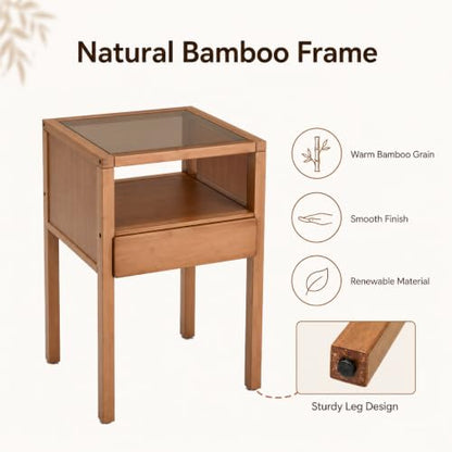Bamboo Nightstand Small Bedside Tables with Drawer, Tea | Tempered Glass Top, Open Shelf, Mid Century Modern Night Stand for Bedroom, Living Room, Apartment, Small Space - color: Tea Color Glass