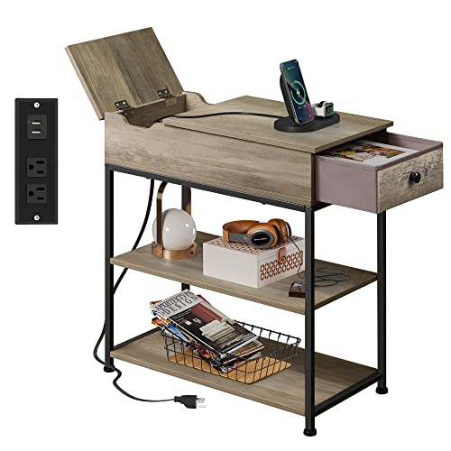 WLIVE Narrow Side Table with 2 USB Ports and 2 Outlets, Flip Top End Table with Drawer and Storage Shelves, Small Nightstand with Charging Station for Living Room/Bedroom, Greige - color: Greige