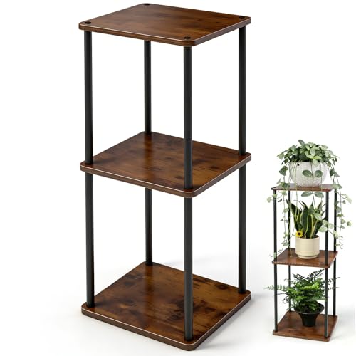 Vigordream Plant Stand Indoor Tier Metal Wood Plant Shelf for Muti Pots | Tall Pedestal Stand Flower Holder Planter Support Rack for Corner Living Room, Balcony, Garden Patio (Retro Brown, 3 Tier) - size: 34 INCH