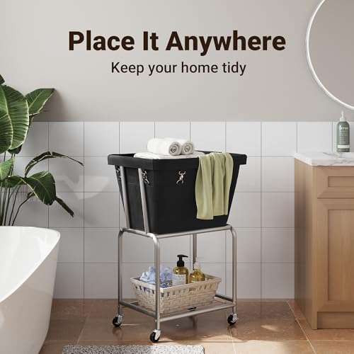 ELYKEN Rolling Laundry Hamper with Wheels, Removable Bag, Laundry Cart | Heavy Duty Metal Frame, 2-Tier Clothes Basket with Shelf, Ideal for Closet, Bedroom, Bathroom & Laundry Room - color: Black, size: 20.3"L x 15.9"W x 30.9"H