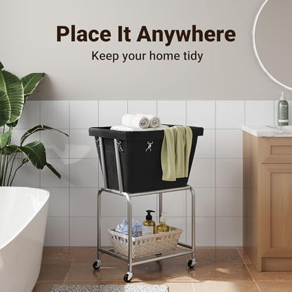 ELYKEN Rolling Laundry Hamper with Wheels, Removable Bag, Laundry Cart | Heavy Duty Metal Frame, 2-Tier Clothes Basket with Shelf, Ideal for Closet, Bedroom, Bathroom & Laundry Room - color: Black, size: 20.3"L x 15.9"W x 30.9"H