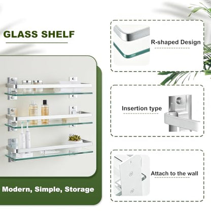 Bathroom Glass Shelf 15.7" Silver Wall-Mounted, Floating Metal Storage Rack | 2 Pack Aluminum Tempered Glass 0.3in Extra Thick Rectangular，Space-Saving Design - color: Silver 2 Pack