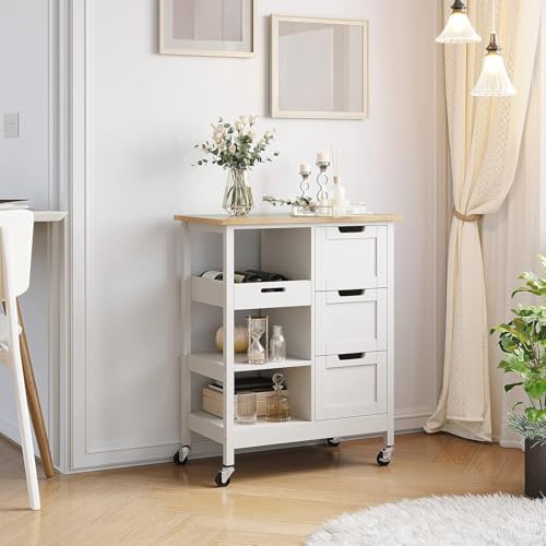 YITAHOME Small Solid Wood Top Kitchen Island Cart on Wheels with Storage, Rolling Portable Dining Room Serving Utility Carts Mobile Movable with 3 Drawers Cabinet, Oak & White - style: 26.7"W White