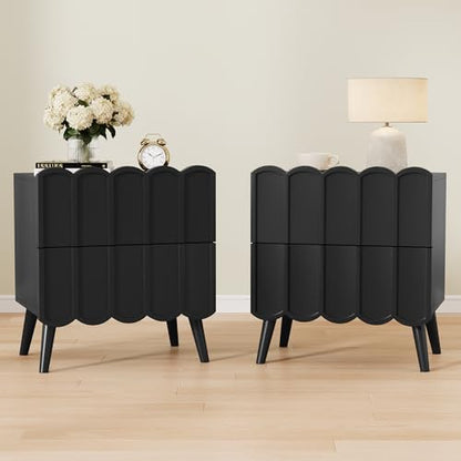 Modern Set of 2 Fluted Nightstand for Bedroom, Black Wood Bedside Table | End Side Table with Arch Curved Design, Night Stand with 2 Drawer - color: Black, size: 2 Pack