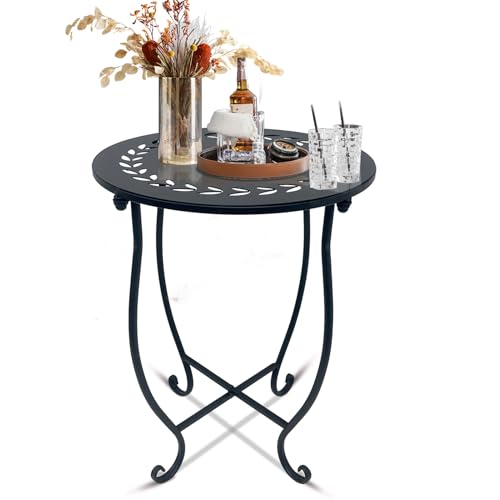 Round Side Table, 1 Pack 14 Inch Bedside Table for Living Room, Bedroom, Weather Resistant Black Metal Outdoor Side Table for Patio Balcony Yard Porch Garden, Plant Stand for Indoor Outdoor Use
