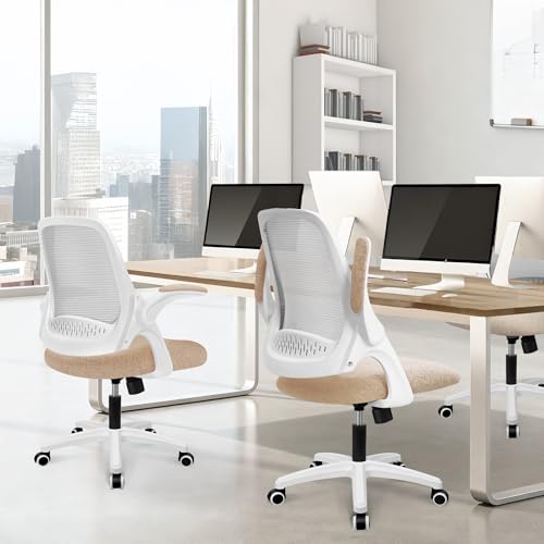 NEO CHAIR Office Desk Gaming Ergonomic Computer Chair with Lumbar Back Support Adjustable Height Swivel Rolling Wheels Flip-up Arms Mesh Chair for Home Vanity (Beige) - color: Beige