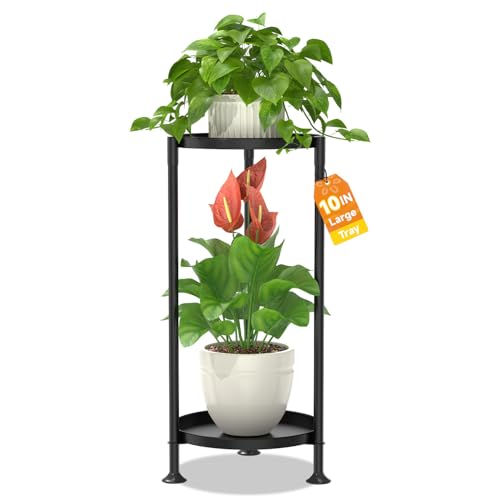LASZOLA 2 Tier Plant Stand Indoor with Large Metal Tray, Corner Round Flower Holder Rack Tall Outdoor, Morden Planter Display Shelf for Patio Porch Garden Office Living Room, Black - color: Classic Black, size: 2 Tier